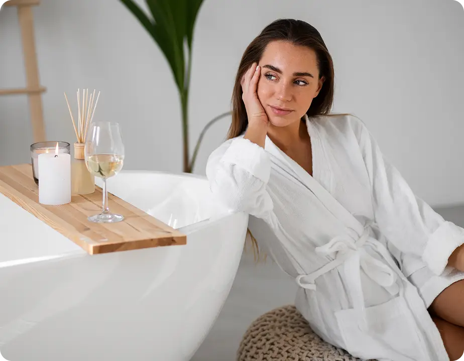 Homeowner relaxing next to a beautiful modern bathtub