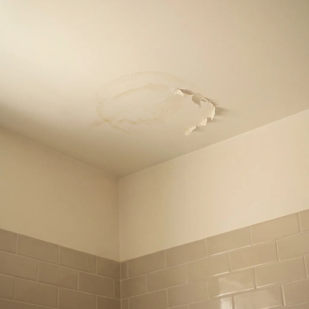 Water stain and peeling paint in the corner of a bathroom ceiling, a sign of water damage