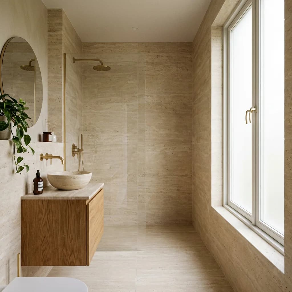 Small modern bathroom with large-format tile running from floor to shower wall and a compact vanity