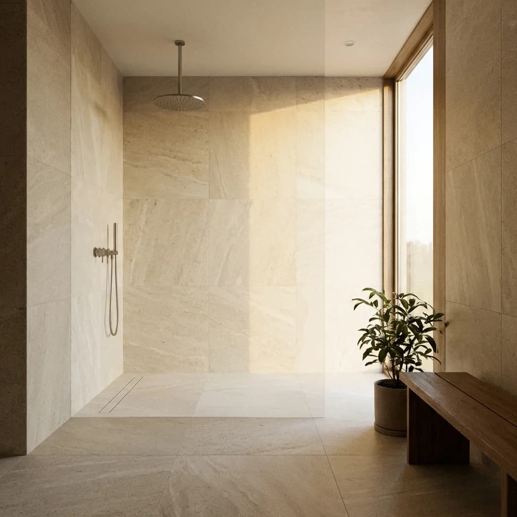 Modern wet room bathroom with continuous waterproof tile flooring, no curb, and an open rainfall shower